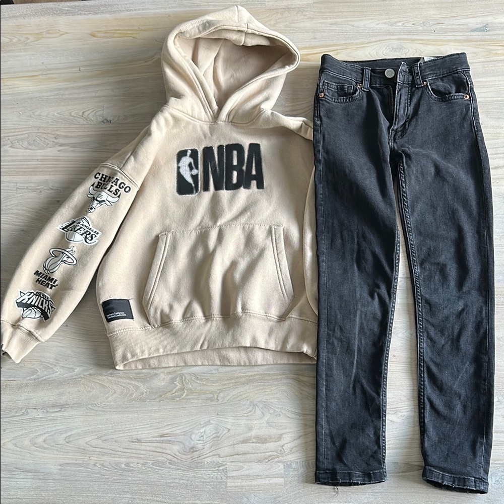 NBA Beige Hoodie and Black Jeans Set